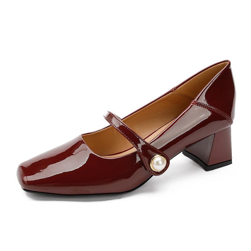 Mary Jane women's shoes thick heel one-word strap high heels new red wedding shoes medium heel pearl square head single shoes