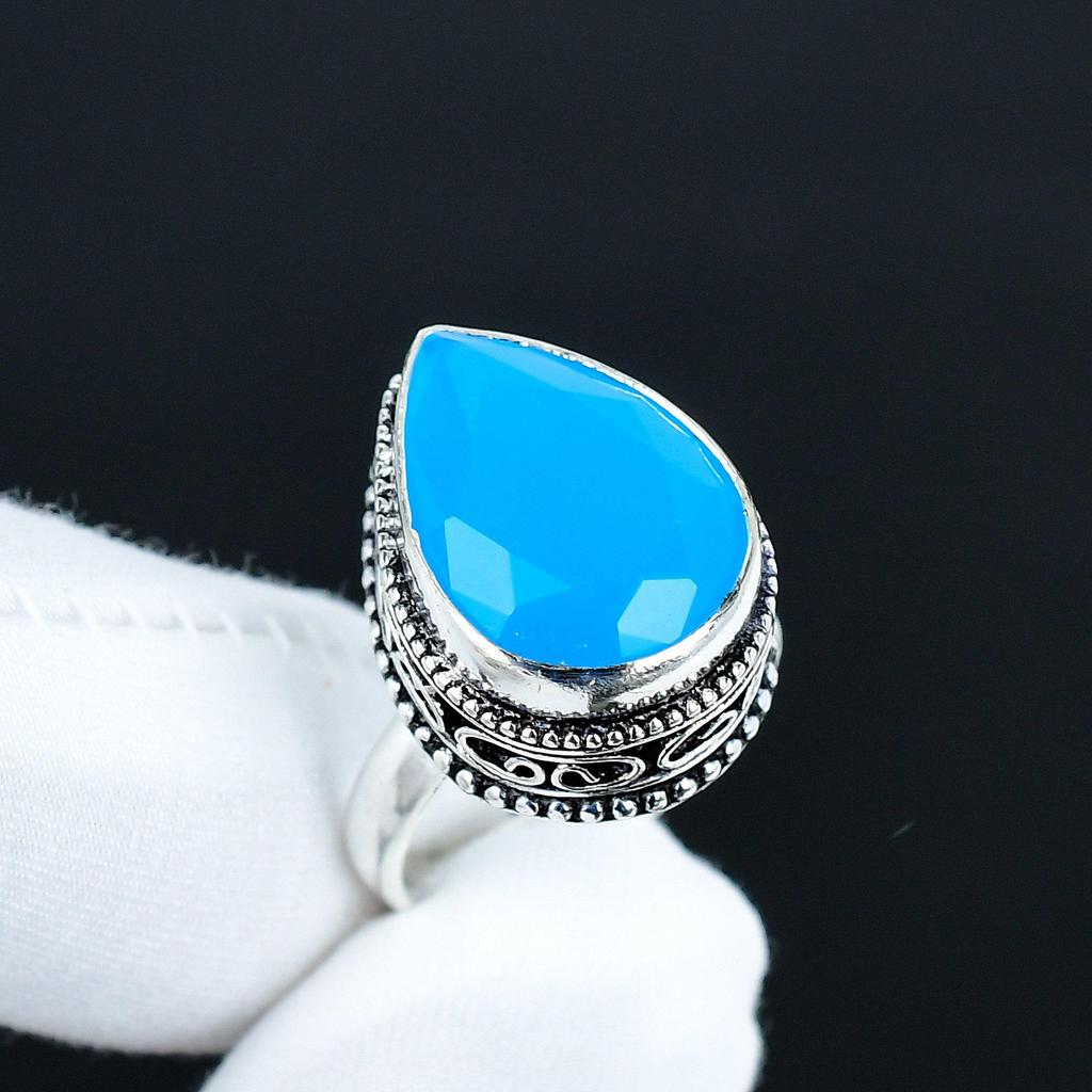 Blue Chalcedony Gemstone Ring, 925 Sterling Silver Jewelry, Handmade Ring, Blue Chalcedony Statement Silver Ring, Birthday Gifts For Her