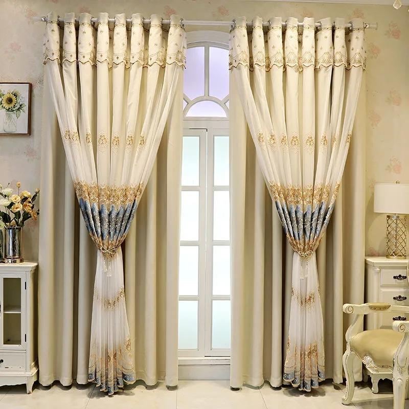 

2 шт. высококачественные двухслойные шторы с вышивкой для спальни, дома, затемняющие шторы от пола до потолка, элегантные перфорированные шторы для гостиной W170*H270cm*2pcs бежевый
