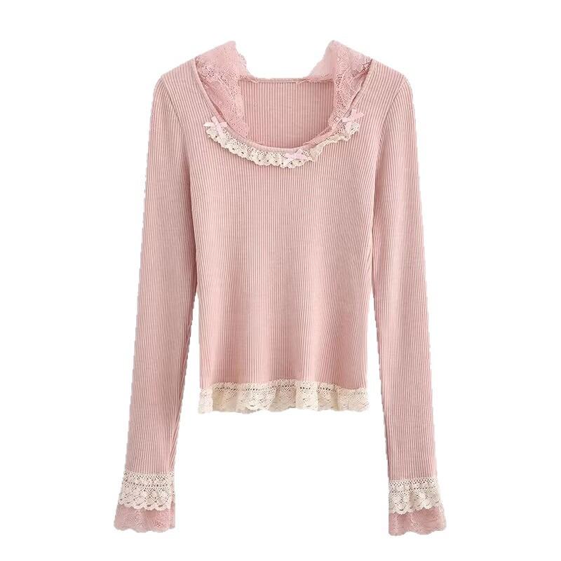 Japanese Sweet Bow Lace Patchwork Slim Tees Long Sleeve Solid All-match Korean Tshirts Spring Autumn Fashion Women Clothing