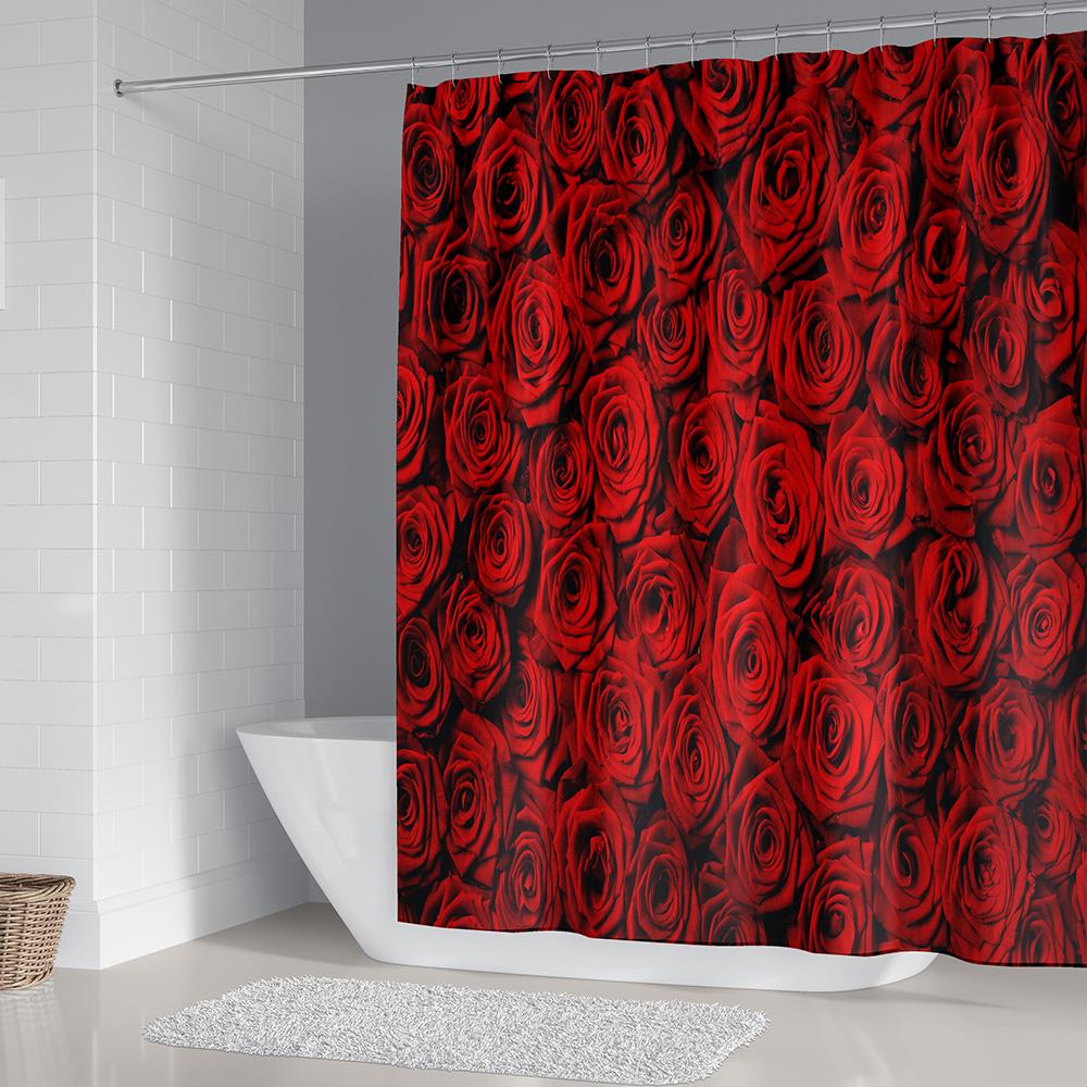 Rose Shower Curtain, Red Flower Fabric Bathroom Curtains Set with Hooks Floral Bathroom Decor Polyester Machine Washable