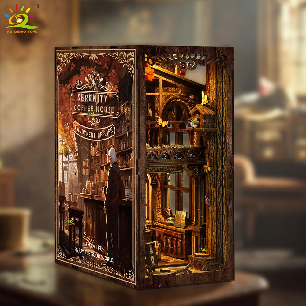 Maquette Maison de Café Rétro DIY Puzzle en Bois 3D Assemblage Étagère Coin Lecture Kits de Construction Miniature Jouets Faits Main