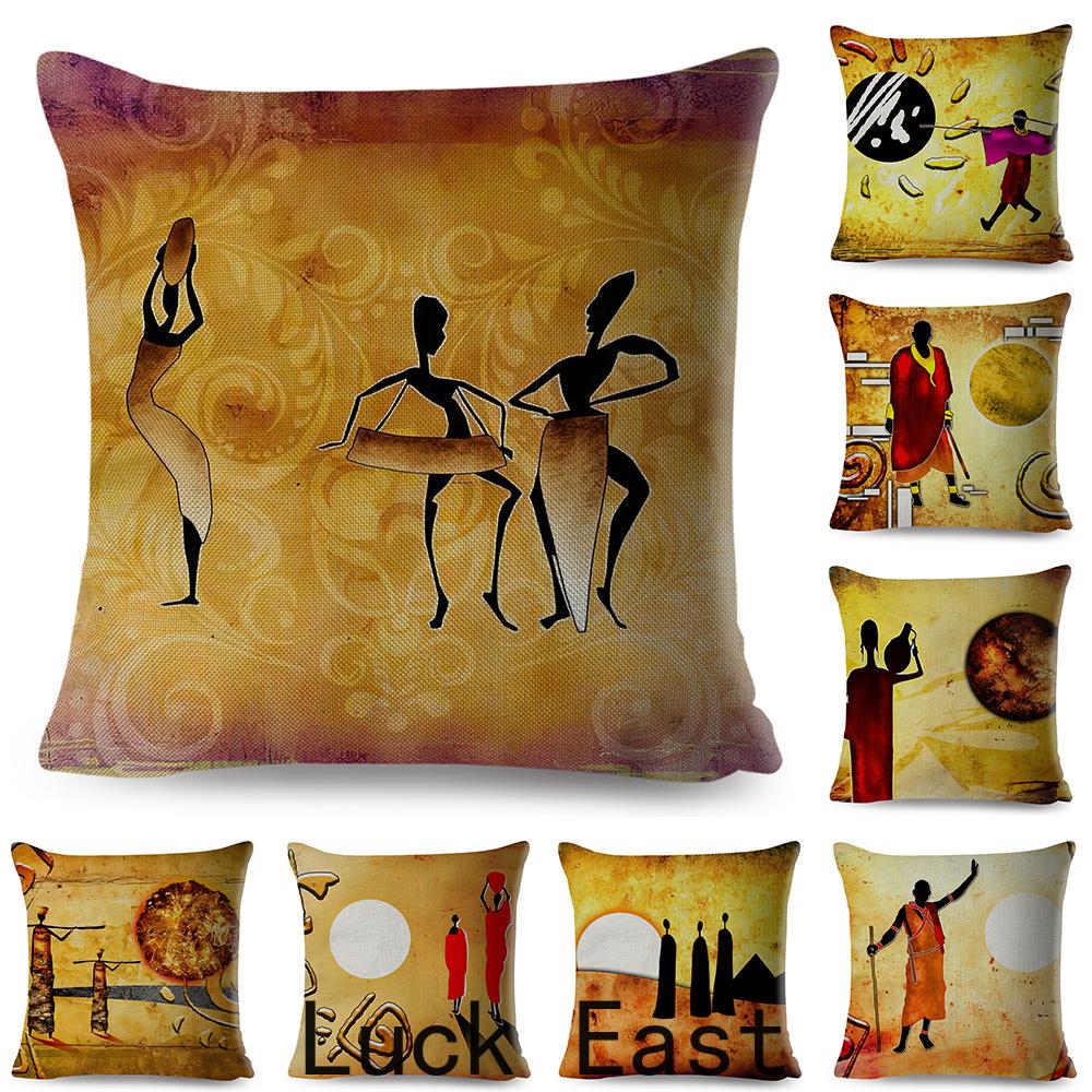 Retro African Cushion Cover Abstract Human Figure Design Warm Tone Soft Polyester Bedroom Decor Throw Pillow Case
