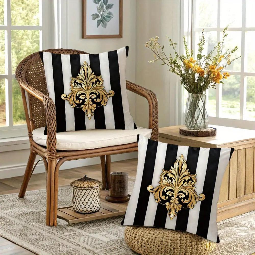 2PCS Baroque Style Luxury Striped Single-sided Pillowcase Gold Floral Pattern Zipper Decorative Cushion Cover for Sofa