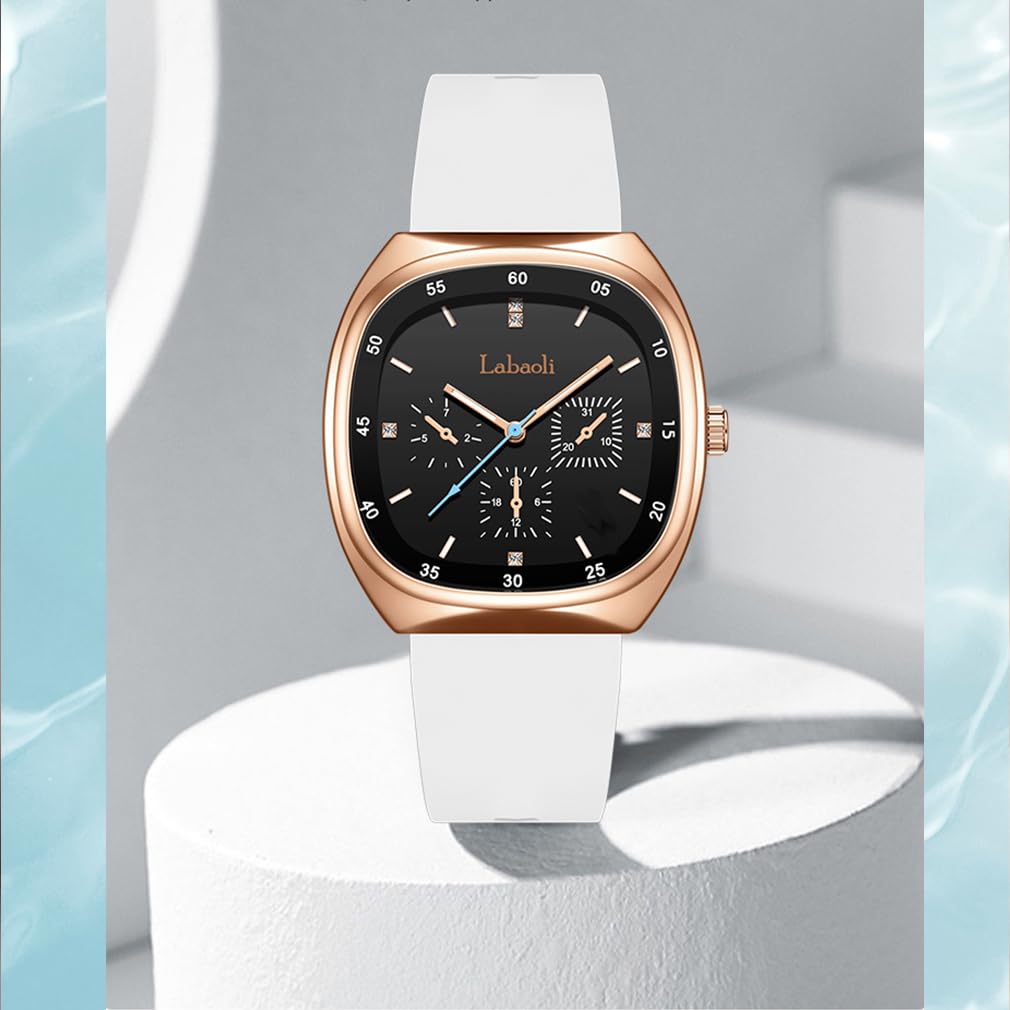 Square Silicone Big Brand Gift for High School Students Women's Wristwatch, Waterproof, Sporty, Cute, Simple, Stylish, Casual, Face, Name, White,