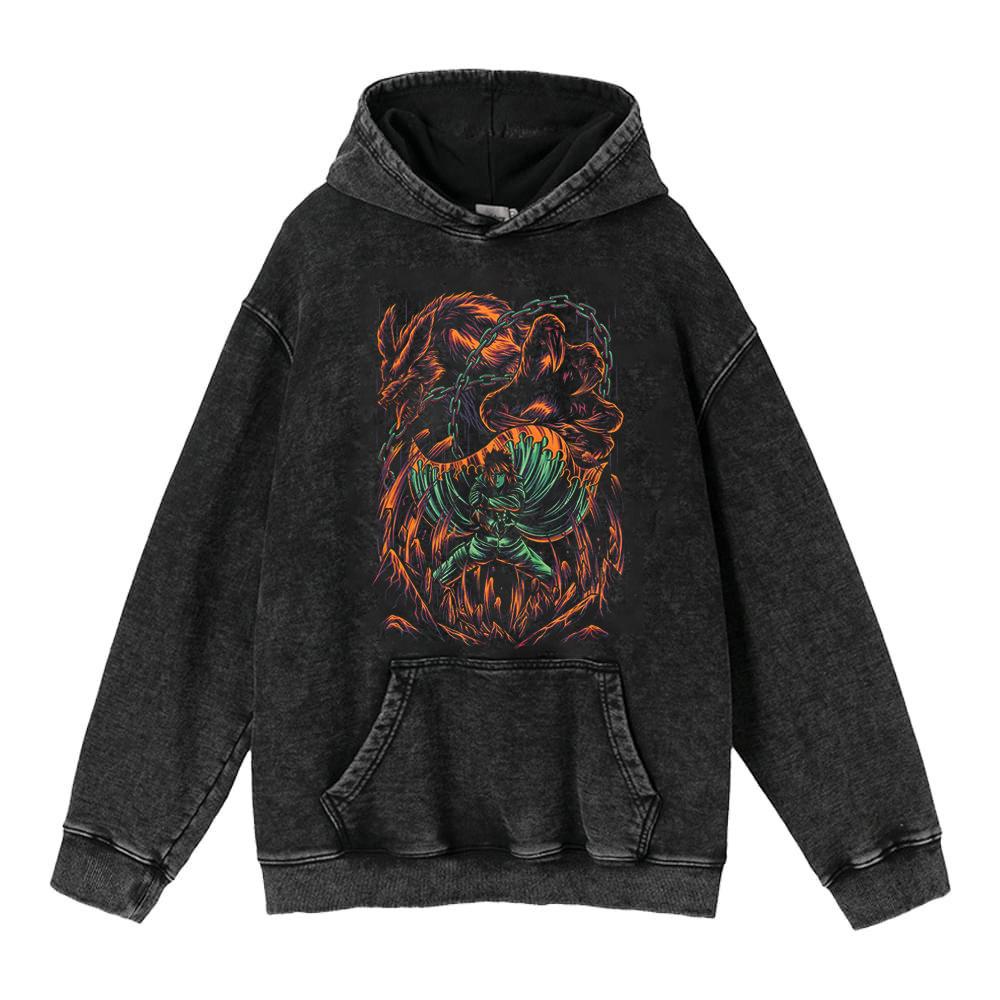 Cotone Pesante Lavato Retrò, Maglione Retrò Streetwear Anime con Cappuccio 440G