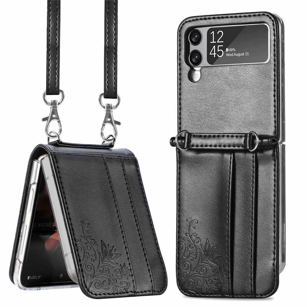 Card Pocket Phone Strap Wallet Case For Samsung Galaxy Z Flip 4 5g Flip4 Flip3 Flip 3 Zflip4 Leather Protective Cover
