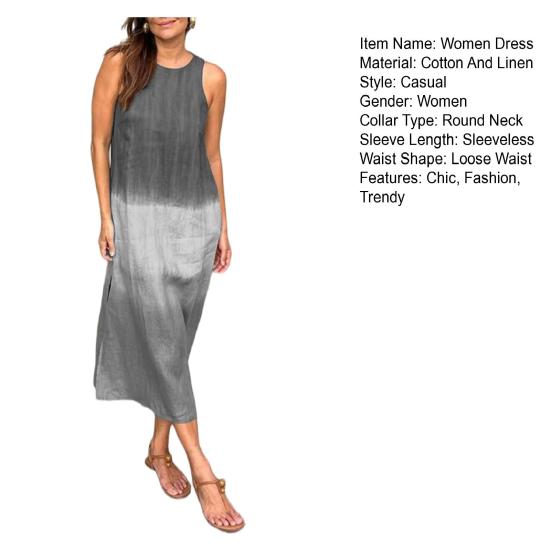Summer Cotton Linen Dress for Women Casual Sleeveless Tunis Maxi Tank Dress Side Slit Beach Sun Dress
