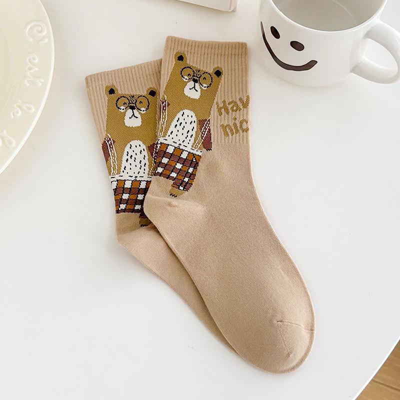 Ladies' Socks, Cute Glasses, Bear Cartoon, Boneless Cotton Socks, Mid-calf Socks