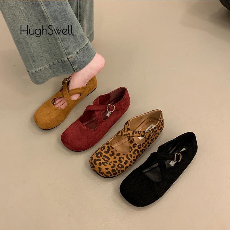 Fashion Brand Design Leopard Print Ballet Flat Woman Cross Buckle Strap Mary Jane Shoes Ladies Autumn Casual Faux Suede Shallow Loafers