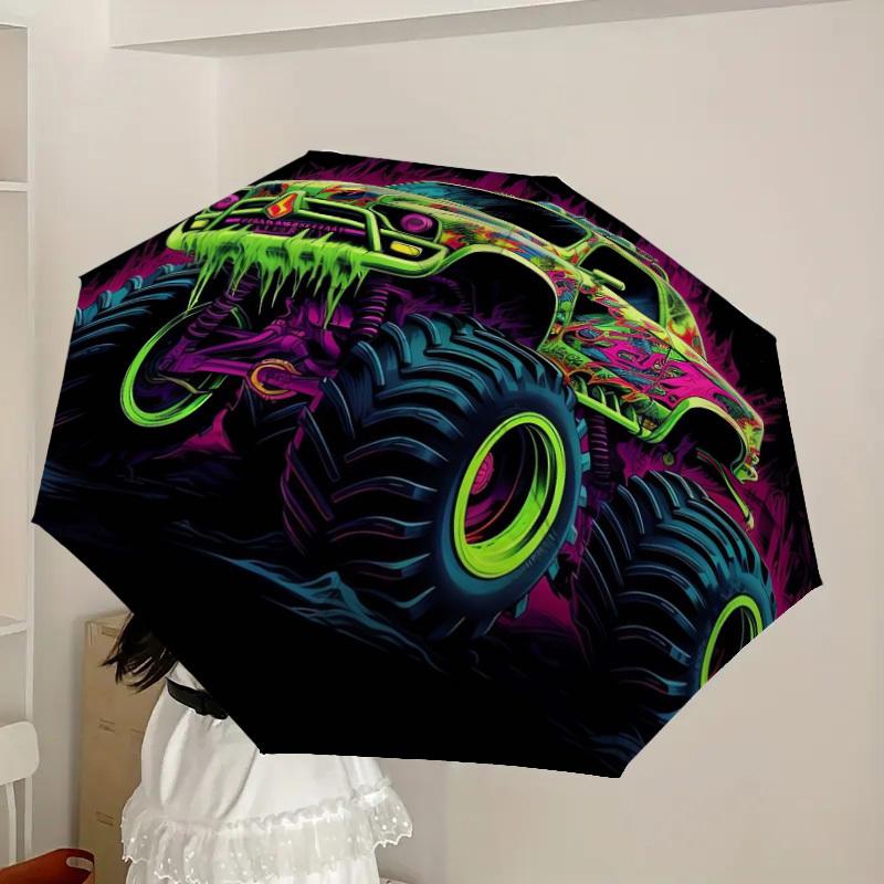 1 Stück Monster Truck Neon Kunstwerk Regenschirm mit Kunststoffgriff, Geeignet für alle Jahreszeiten Zuhause Reisen Outdoor RegenschirmDD628