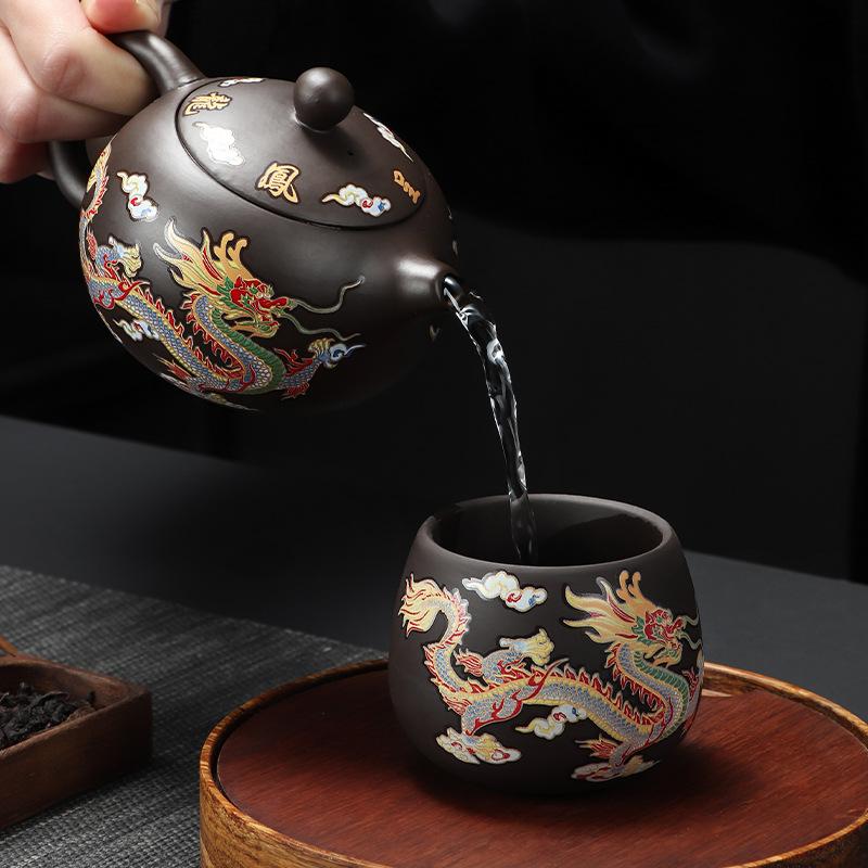 dragon and phoenix purple sand cup changes color in case of hot water Master cup Single tea cup Retro single cup Business