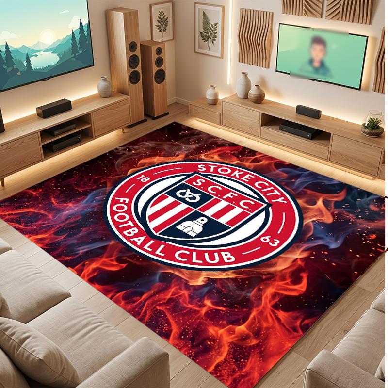 Stoke City Football Print Crystal Velvet Rug, Comfortable Water Absorbent Non Slip Indoor Floor Carpet