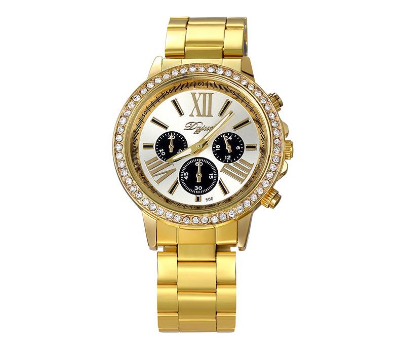 

European And American Fashion Steel Belt Watch, Women S Diamond Watch, Men S Stainless Steel Belt Watch 500 Diamonds 3 Small Circles золотой