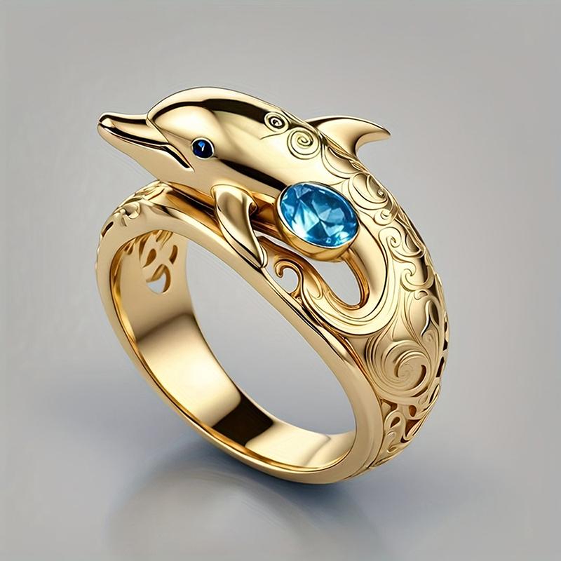 Huitan Chic Dolphin Design Finger Rings for Women Ocean Animal Rings with Blue Cubic Zirconia Gifts Daily Wear Fashion Jewelry