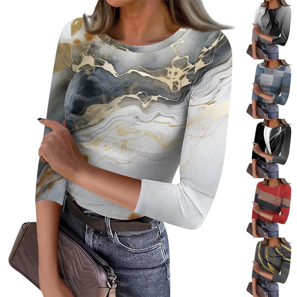 Women's Slim Bottom T-shirt Fashion Casual Printed Round Neck Pullover Seven Sleeve Top
