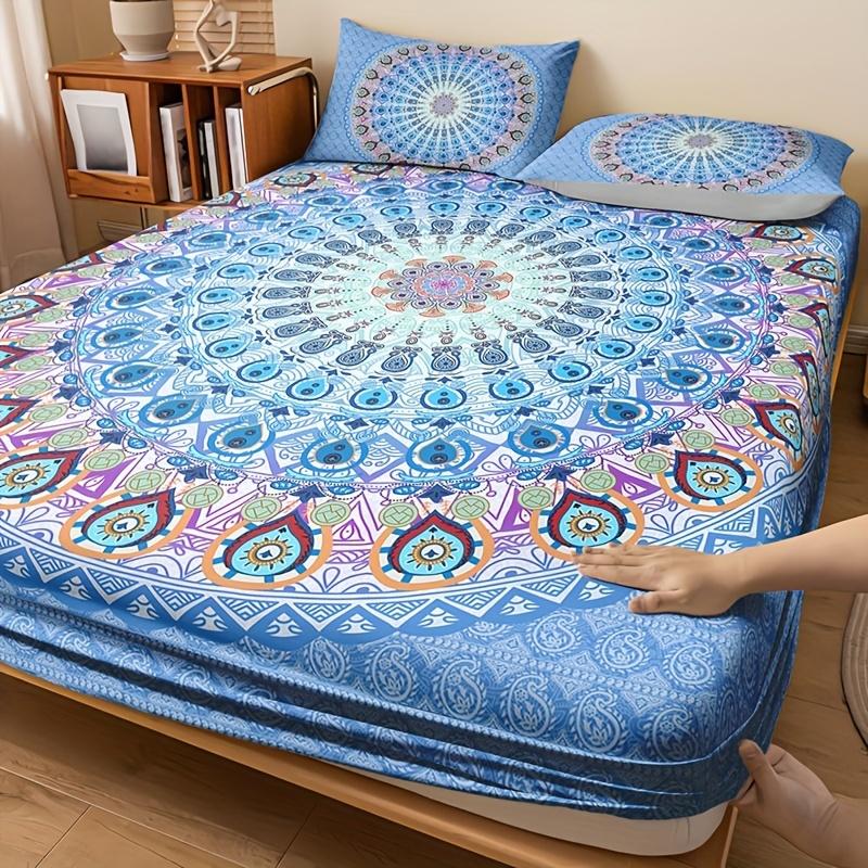 3-Piece Vibrant Blue Mandala Bohemian Fitted Sheet Set - Soft Breathable HD Printing Bedding for Home Dorm - Includes 1 Fitted