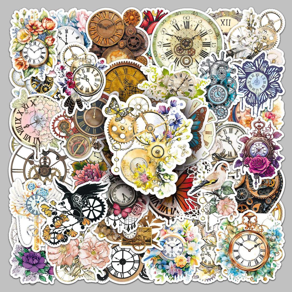 50 Retro Clock & Flower Stickers: Waterproof Decor for Journals, DIY Helmets, and Speakers