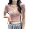 V-Neck Color Block Short Sleeve Two-Piece Look T-Shirt for Women
