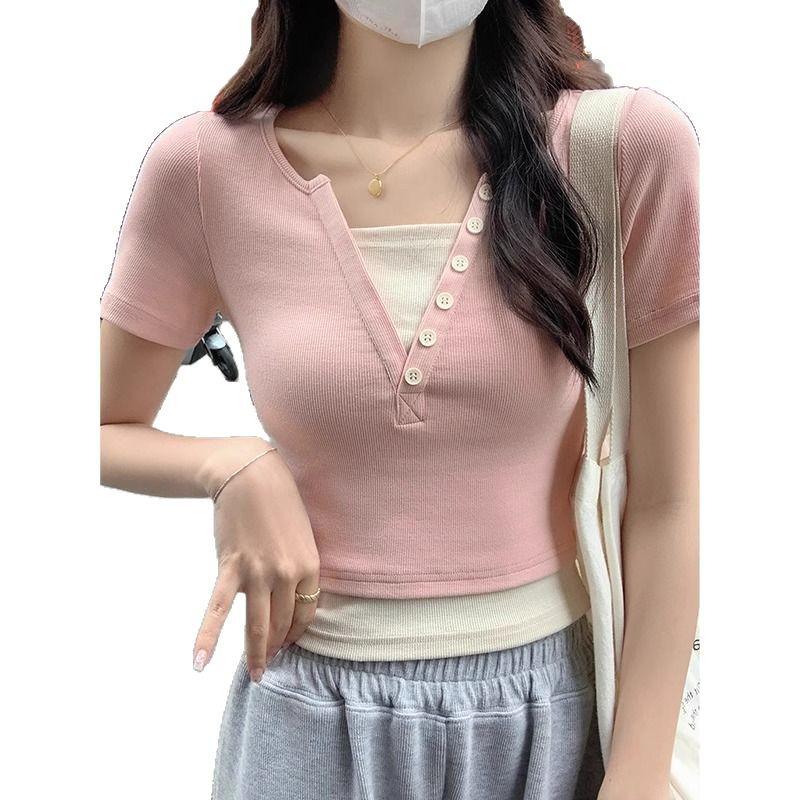 V-Neck Color Block Short Sleeve Two-Piece Look T-Shirt for Women