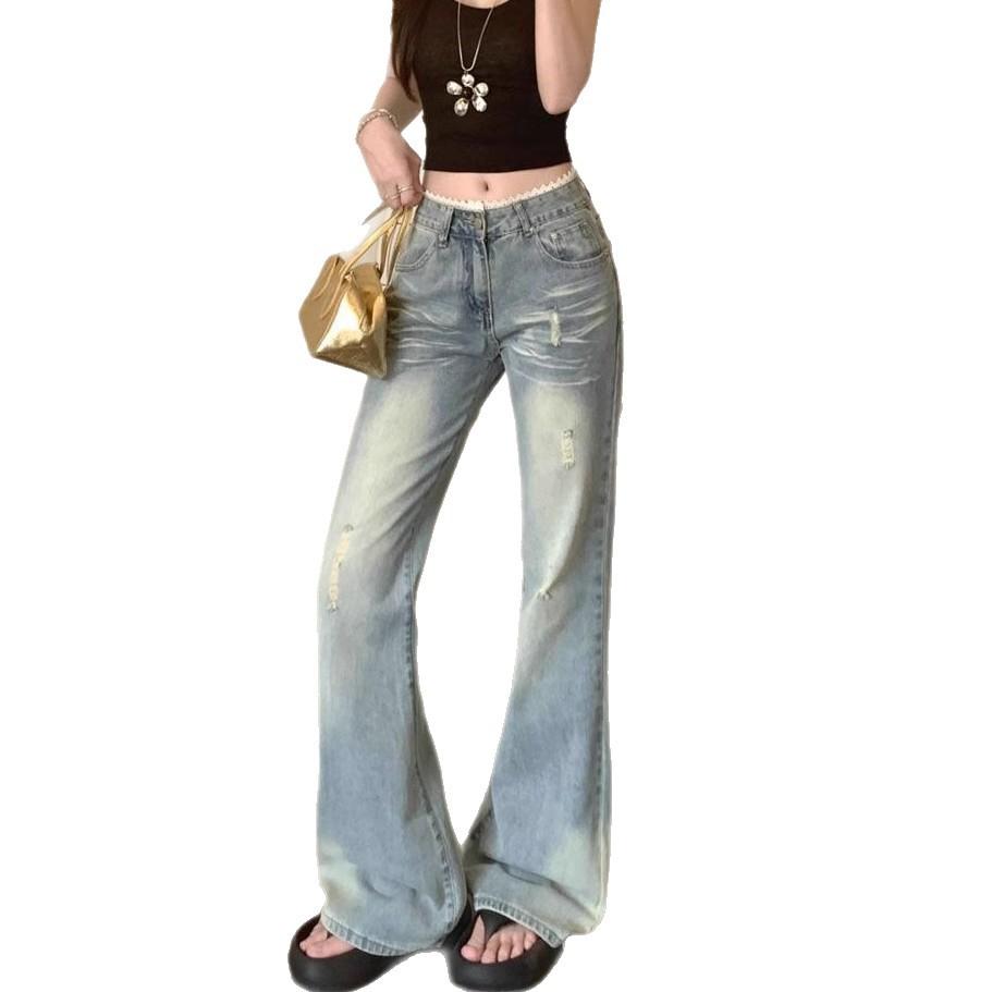 Fashionable Comfortable Versatile Young Ins Retro Jeans Women Lace Lace Low Waist Slimming Thin Micro Flare Trousers Jeans for Women Long Denim Pants