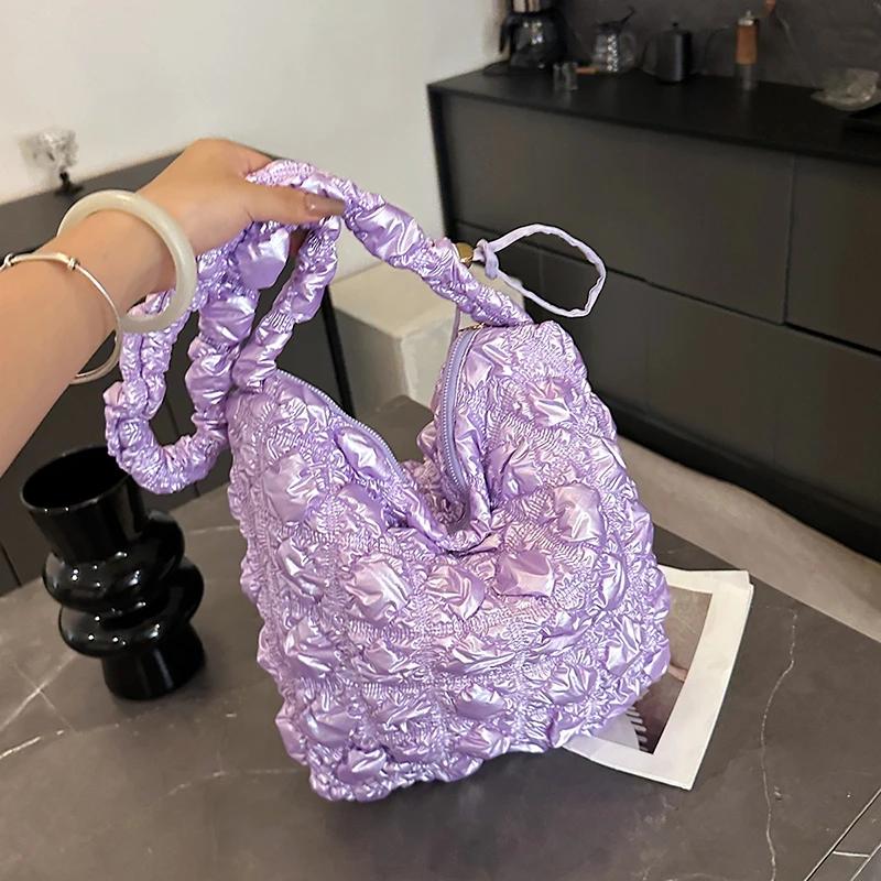 New Versatile Thread Sweet Women's Handbags Microfibersolid Color Commuting Tote Bags 2026 Plaid Ruched Shoulder Bags