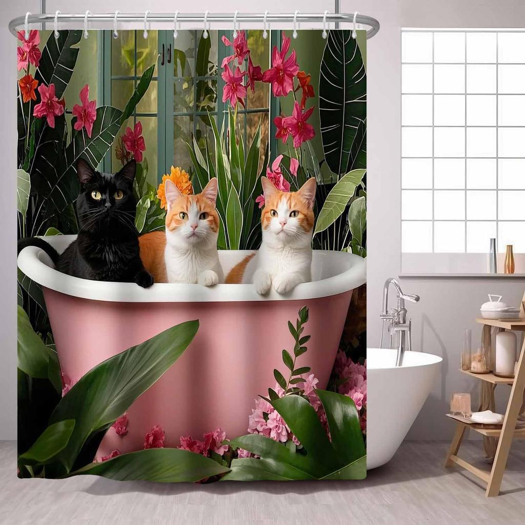 Katt Duschdraperi Biblioteksbok Kattunge på Bokhylla, Vas Blomma Boho Tyg Duschdraperier Badrumstillbehör 72x72 Tum