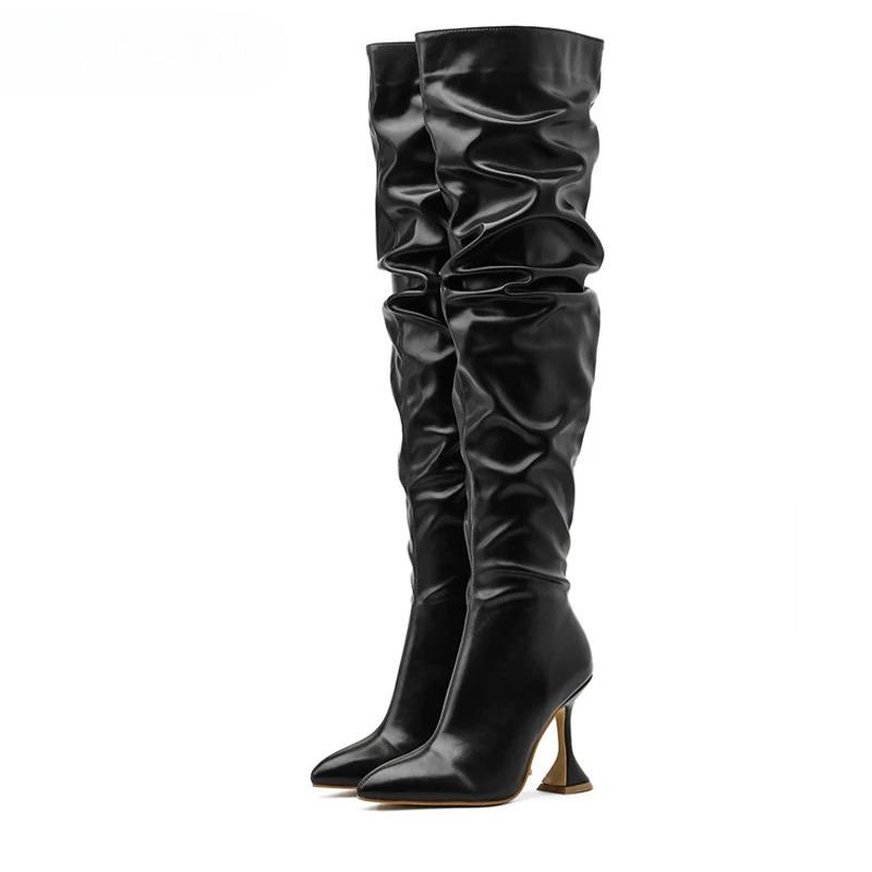 Fashion Runway Design Pleated Leather Over The Knee Boots Strange High Heels Sexy Pointed Toe Zip Womans Shoes Size 42 35 чёрный 8070₽