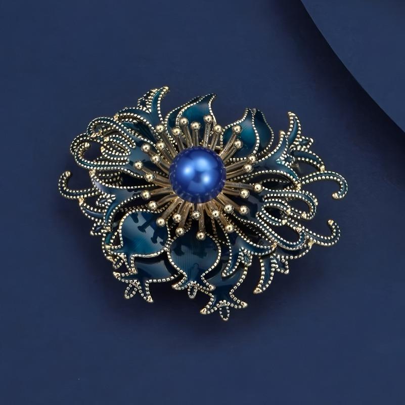 Retro Blå Brosje i Hoffstil, Eksklusiv Damebrosje med Luksuriøse og Elegante Perler, Brosje med Nisjedesign
