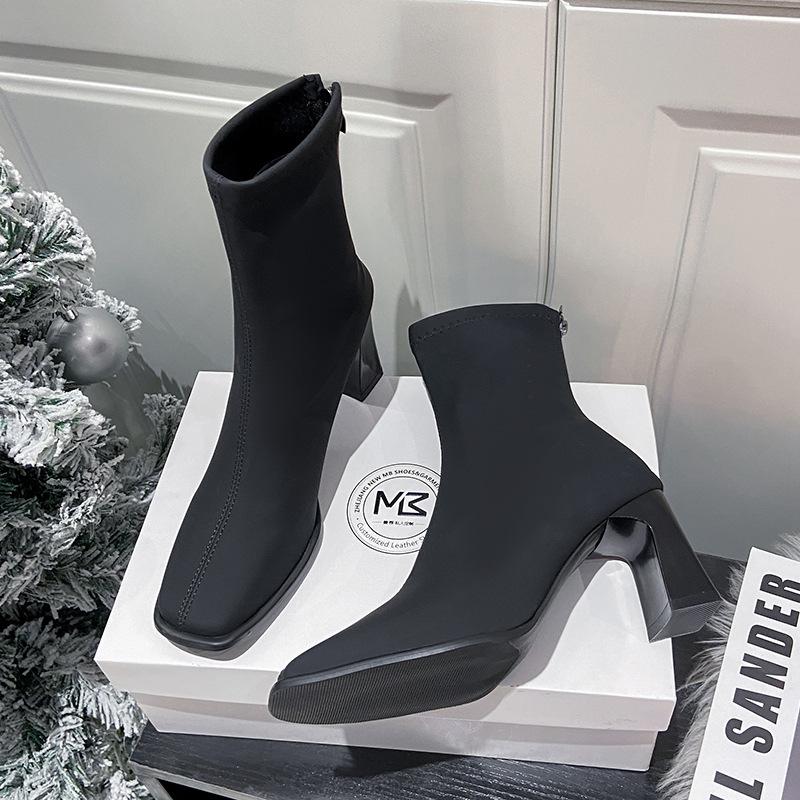 Martin Boots Women's Autumn 2025 New Square Head Thick Heel Elastic Zipper Thin Boots High Heels Short Boots Women's Boots