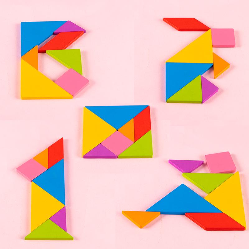 Kids' Colorful Wooden Tangram Puzzle with Instructions In Metal Box - Educational Toy