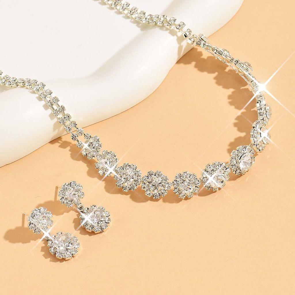 Fashion Jewelry Necklace Earrings Set With Water Drill Flowers For Women