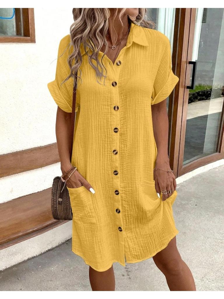 V-Kragen, einfarbiges Kleid mit Knöpfen, hohe Taille, elegantes Hemdblusenkleid für Damen, kurzärmelige, lockere Kleider, lässiges Kleid