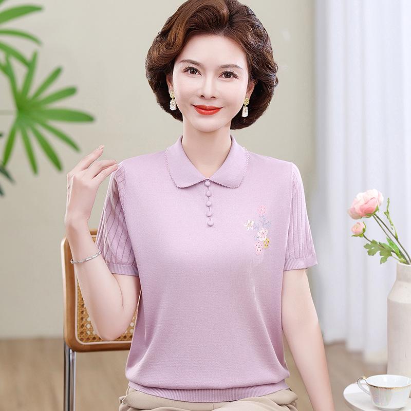 Stylish Ice Silk Knit Lapel Top for Middle-Aged & Elderly Women - Short-Sleeve Summer T-Shirt