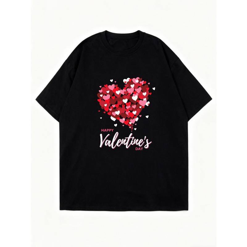 Oversized T Shirt Black Heart Pattern Happy Valentines Day Print Valentine's Day Casual Wear