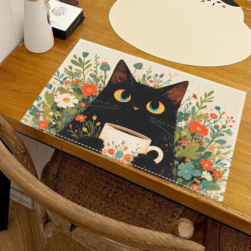 1PC Cartoon Black Cat Print Placemat Dining Table Decor Linen Tableware Coaster Set Kitchen Accessories For Kids Birthday Party