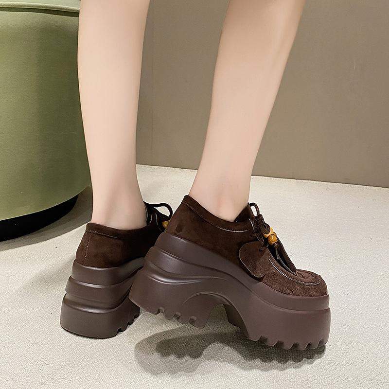 Fashion Women's Thick Bottom Kangaroo Shoes with Laces Full Wrap Birkenstyle Fall New Vintage Matte Leather Single Shoes Casual Loafers