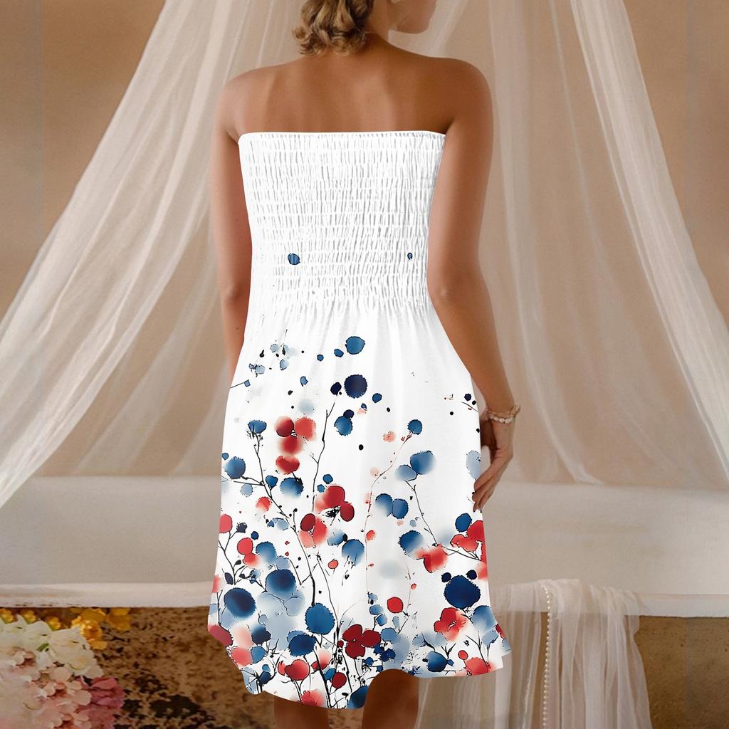 Moda Kadın Günlük Bandeau Çiçek Baskılı Kolsuz Elbise