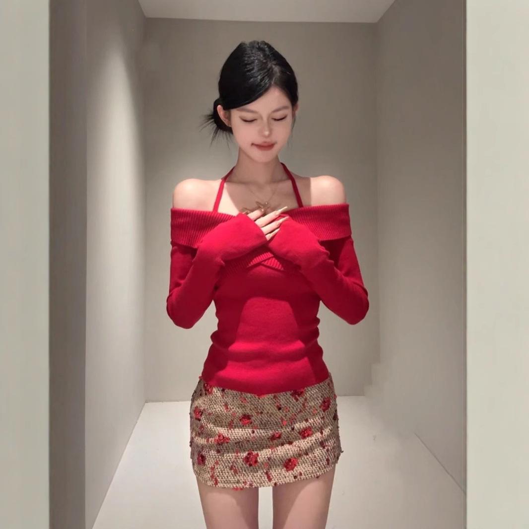 Women s Red Spicy Knit One-Shoulder Halter Top - Autumn/Winter Festive Sweater One Size красный