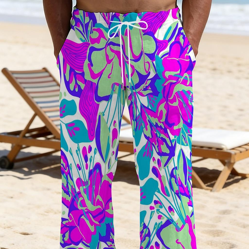 Casual men's printed loose straight trousers vacation beach pants men's European and American breathable