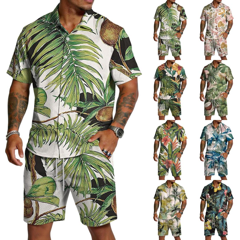 Men's Casual Printed Lightweight Breathable Shirt and Drawstring Shorts Set