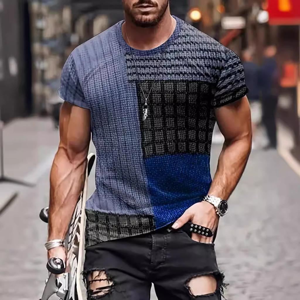 New Men's T-shirt Casual Short Sleeved Simple 3D Line Splicing Polyester Summer Round Neck Pullover Personalized Sports Top
