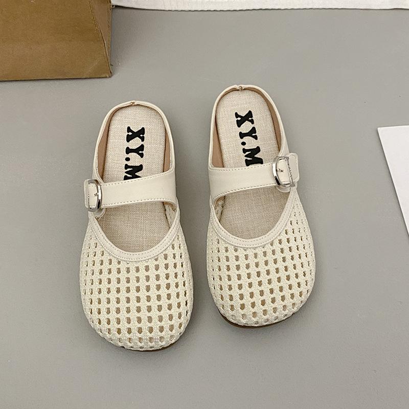 

2025 summer new light mouth one-word buckle belt hollow round head slope heel cool slippers women s retro sweet half-pack slippers 35