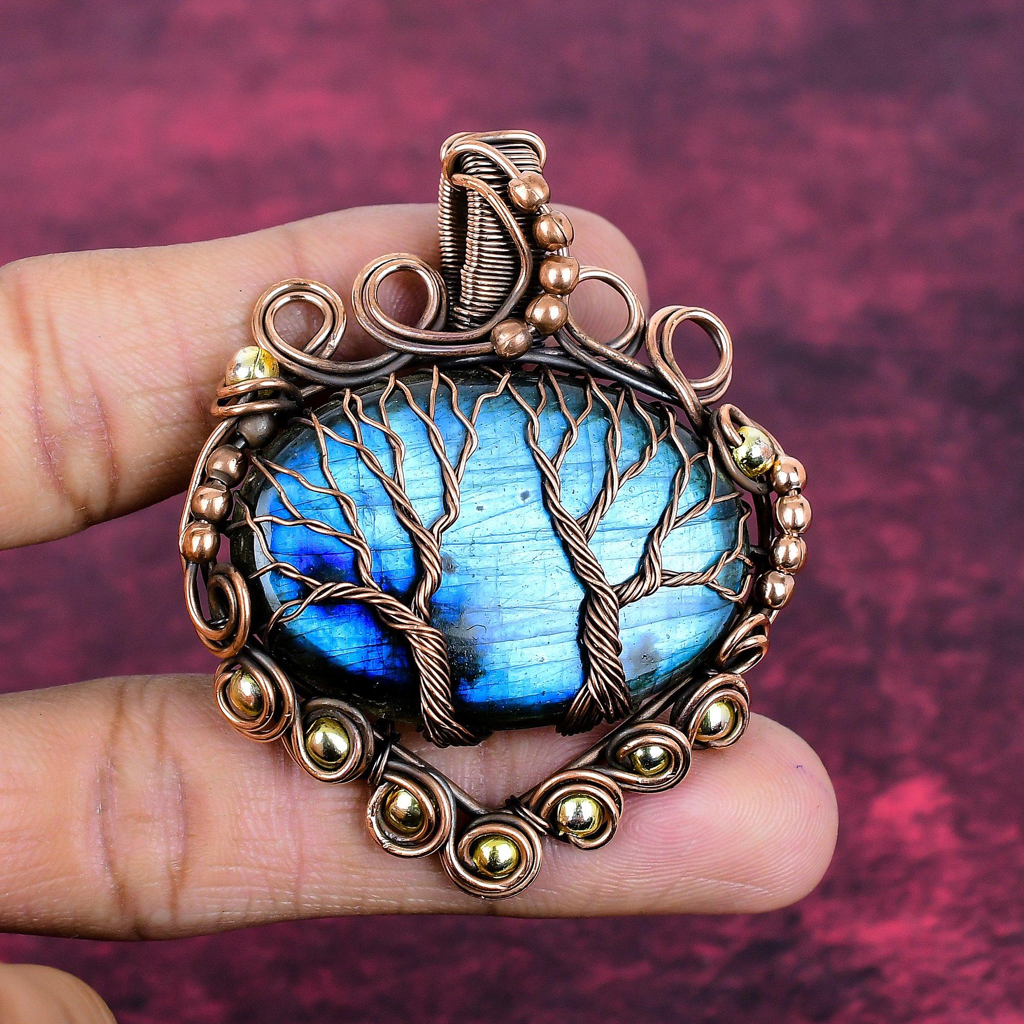 Tree Of Life Labradorite Gemstone Pendant Handmade Copper Wire Wrapped Pendant