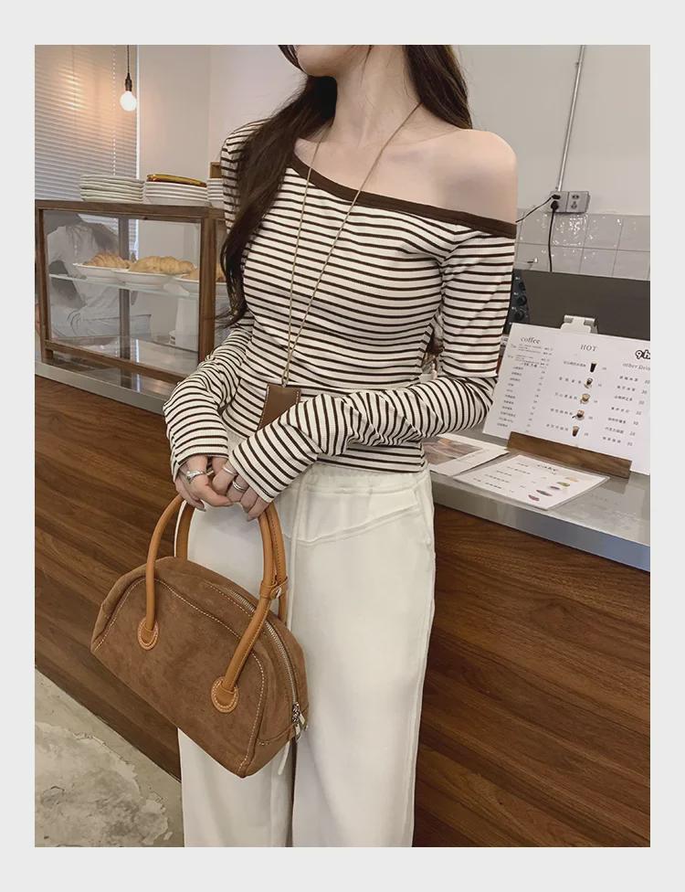 European Style Gray Striped Off-Shoulder Long-Sleeve T-Shirt for Women - Early Autumn 