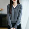 Early Autumn New V-neck Women's Knitted Sweater, Long-sleeved Lace with Black Ear Trim, Solid Color Loose Base Layer