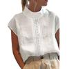 Stand-Neck Short Sleeve Retro Tops Hollow Out Lace Stitching Loose Fit Thin Women Solid Color Shirt Top Streetwear