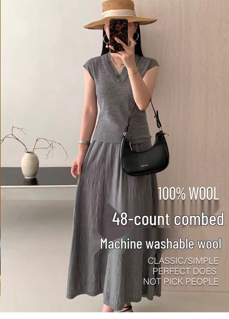 Le Kasha Temperament 100% Pure Wool Machine-Washable Women's Summer Slimming Waist Umbrella Skirt Long Dress