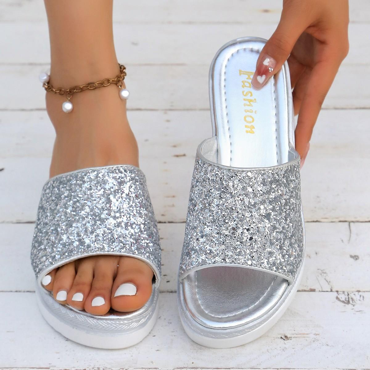 

Тапочки на толстой подошве с блестками, повседневные женские сандалии с рыбьим ртом, пляжная обувь 37 серебряный
