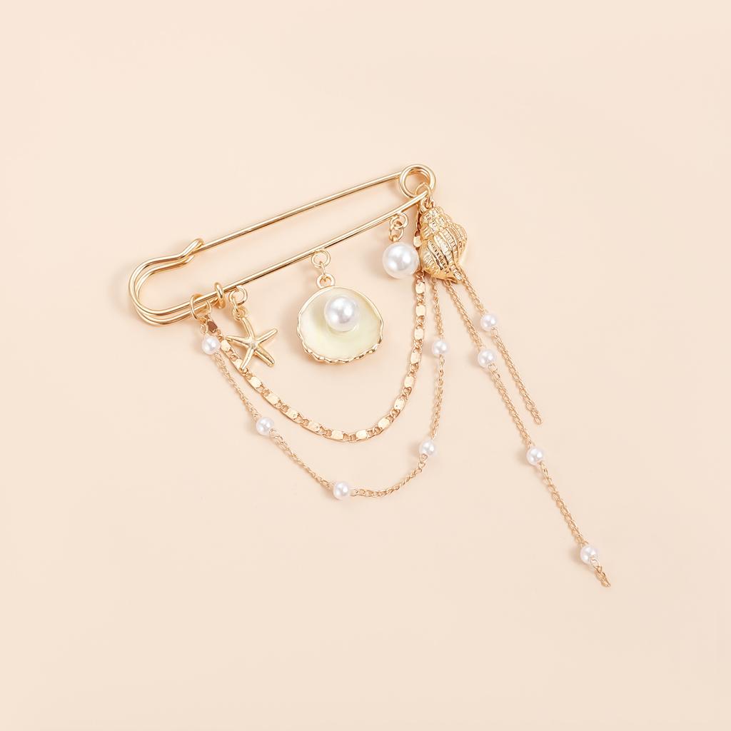European and American Jewelry Summer Conch Shell Starfish Point Diamond Pearl Brooch Clothing Women's Functional Pin Accessories